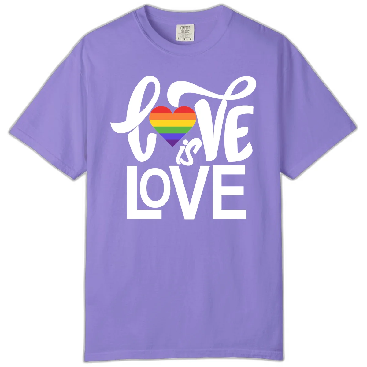 White text reading 'LOVE is LOVE' with a rainbow-striped heart in the center on gray background in Violet
