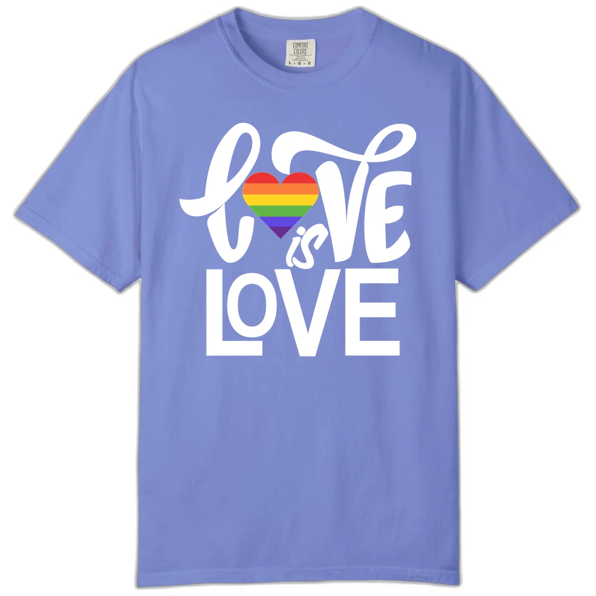 White text reading 'LOVE is LOVE' with a rainbow-striped heart in the center on gray background in Flo Blue