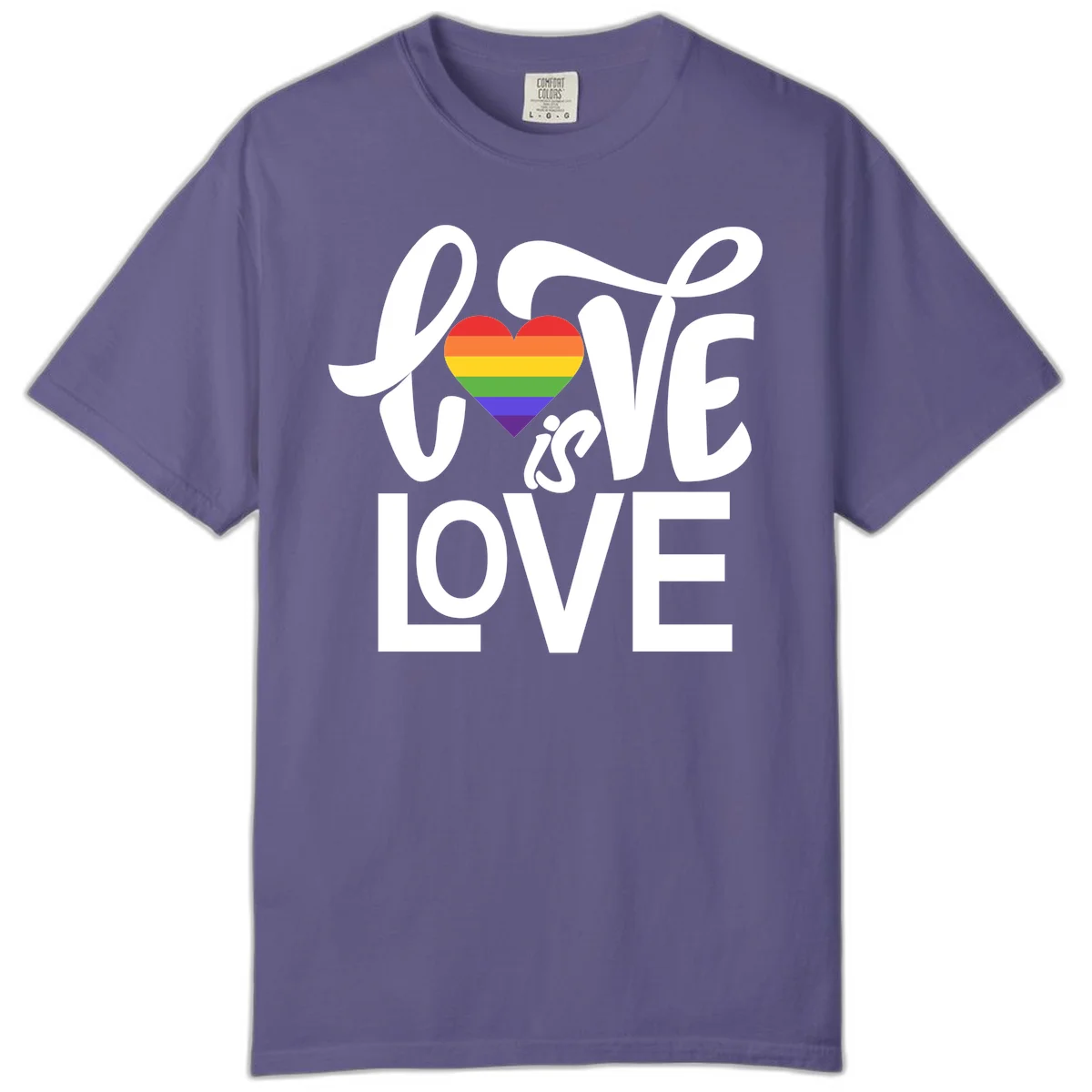 White text reading 'LOVE is LOVE' with a rainbow-striped heart in the center on gray background in Grape