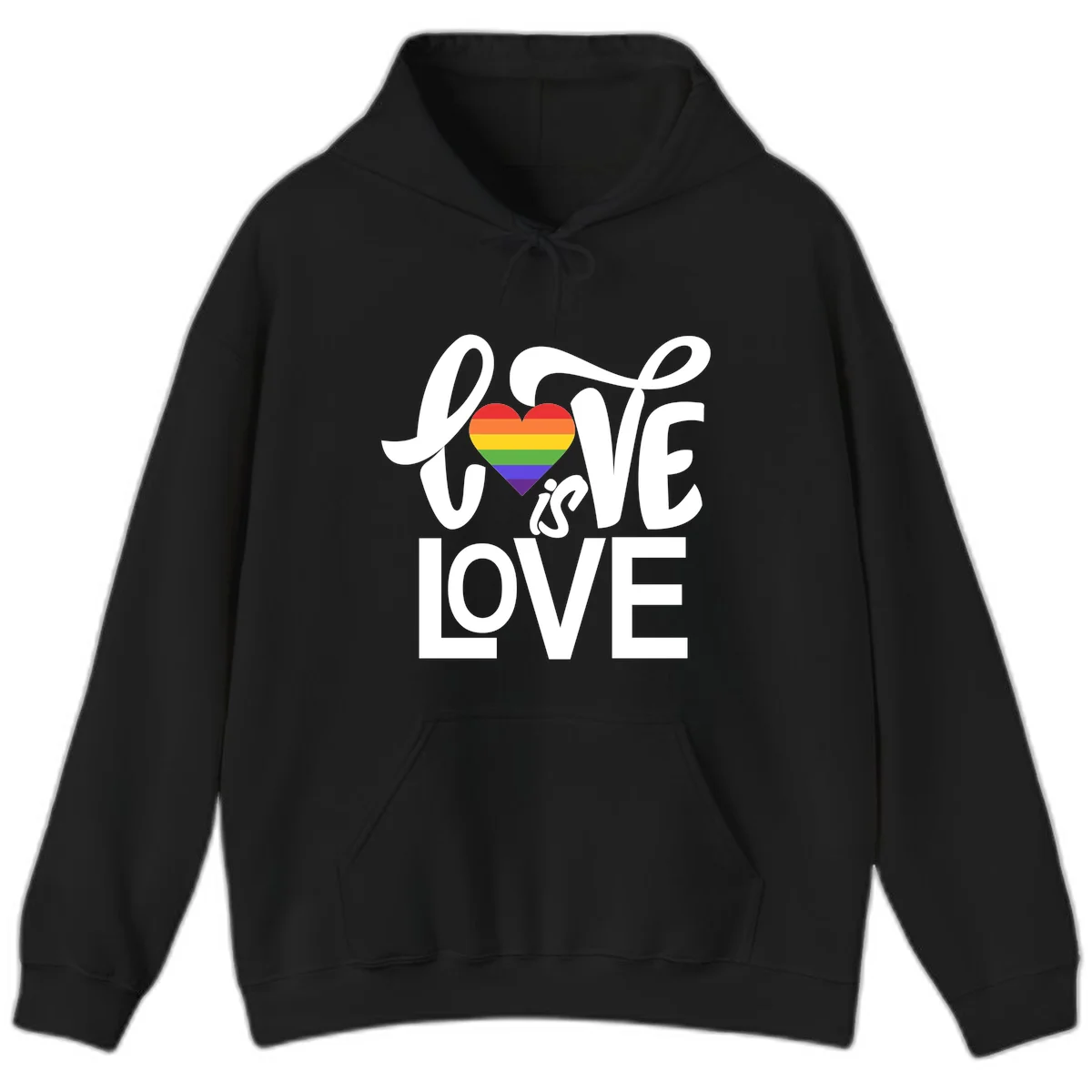 White text reading 'LOVE is LOVE' with a rainbow-striped heart in the center on gray background in Black