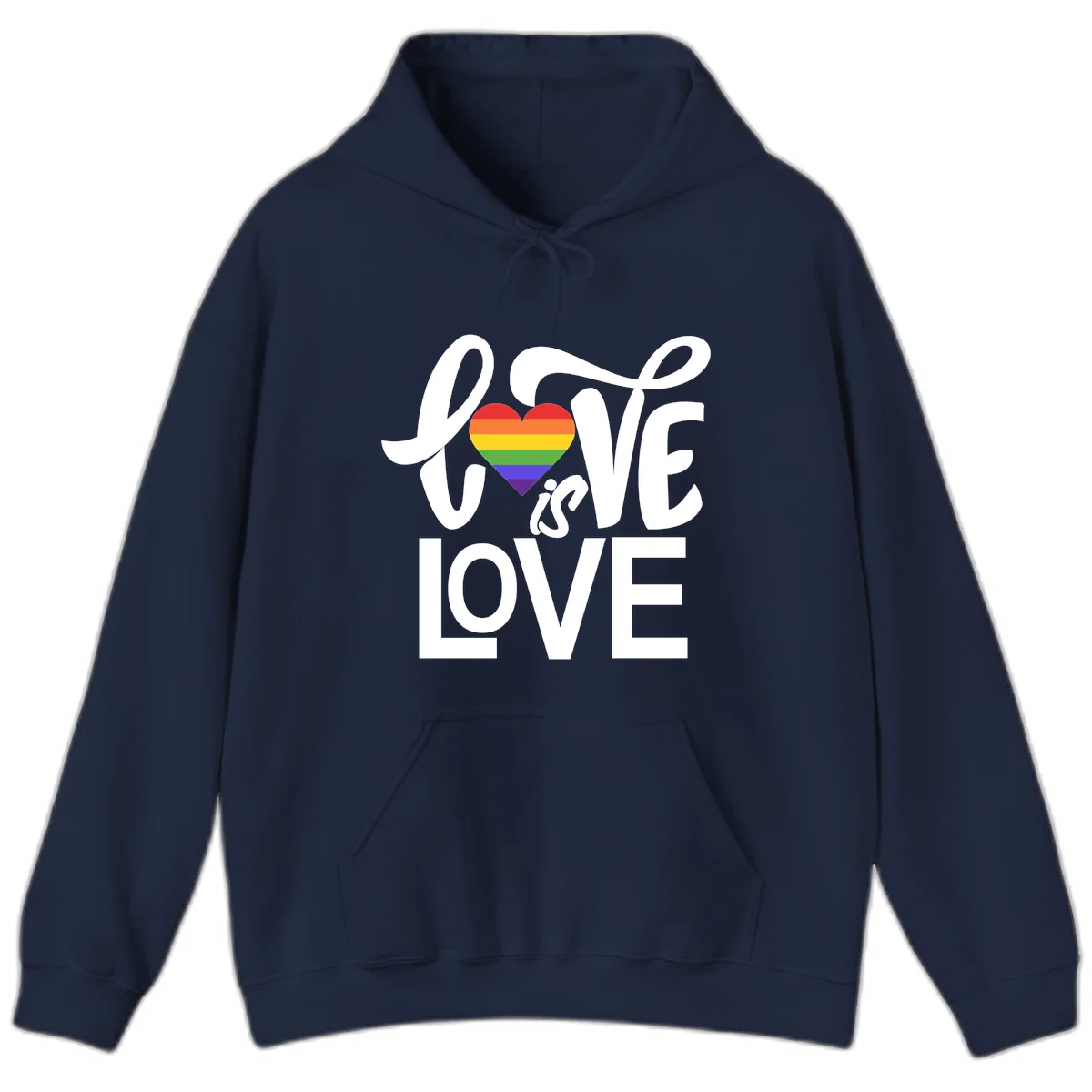 White text reading 'LOVE is LOVE' with a rainbow-striped heart in the center on gray background in Navy