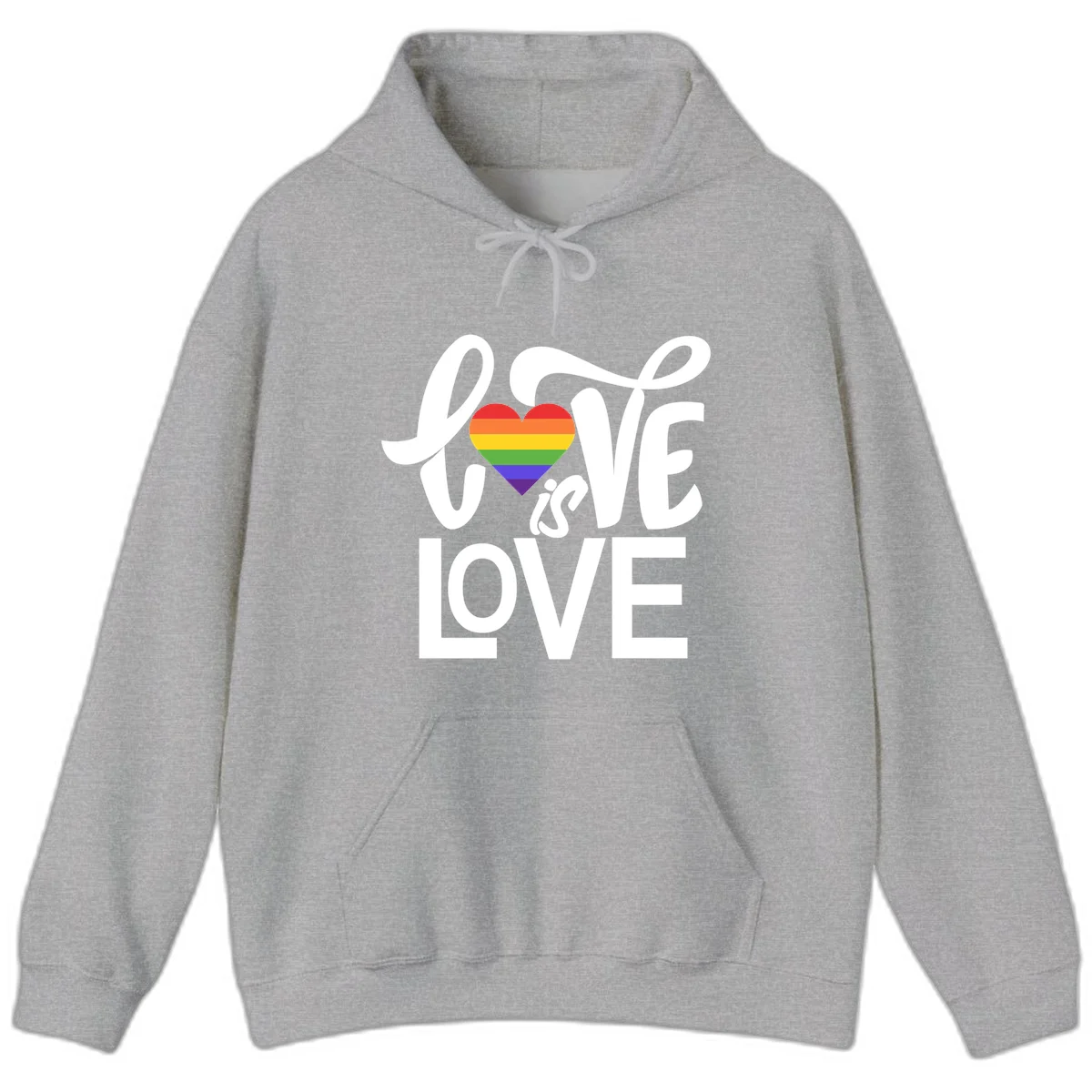 White text reading 'LOVE is LOVE' with a rainbow-striped heart in the center on gray background in Sport Grey