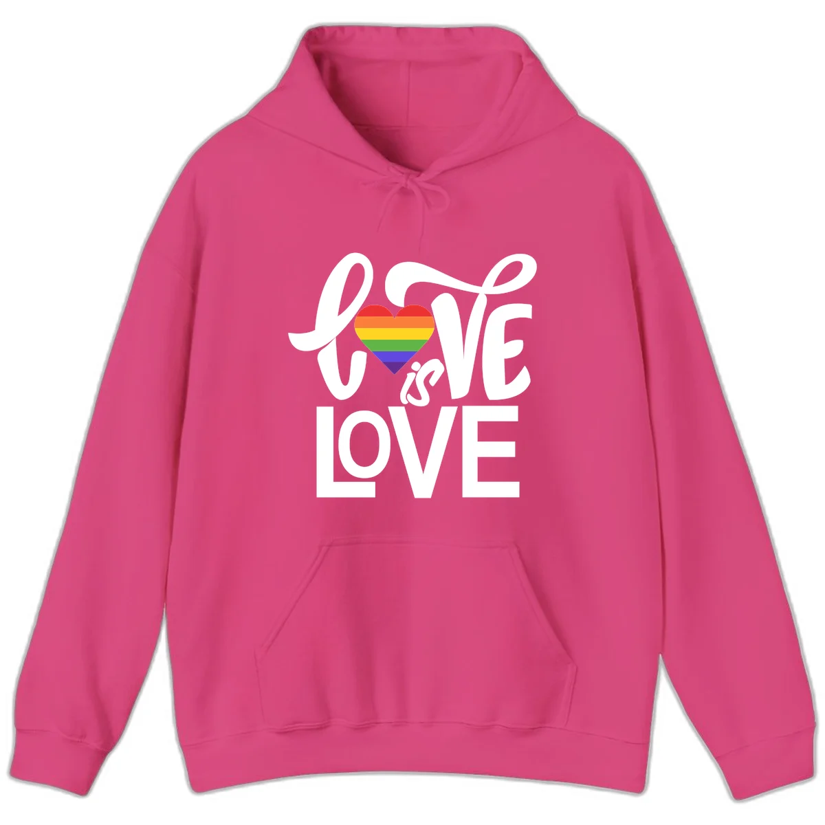 White text reading 'LOVE is LOVE' with a rainbow-striped heart in the center on gray background in Heliconia