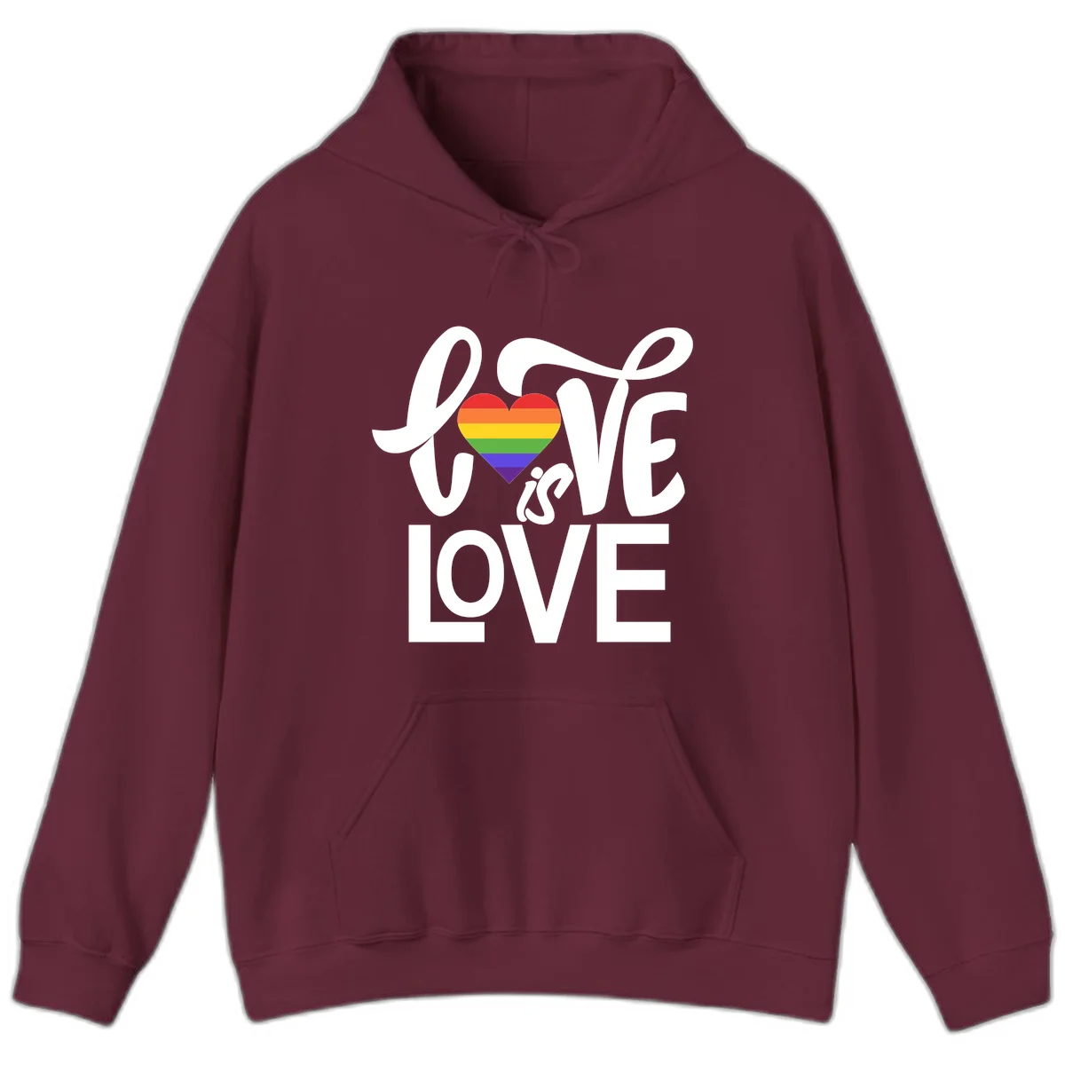 White text reading 'LOVE is LOVE' with a rainbow-striped heart in the center on gray background in Maroon