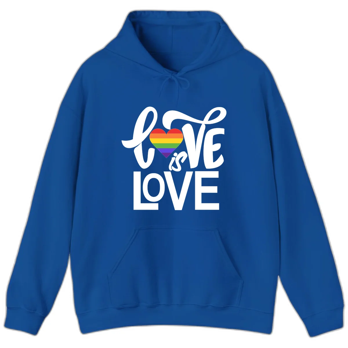 White text reading 'LOVE is LOVE' with a rainbow-striped heart in the center on gray background in Royal