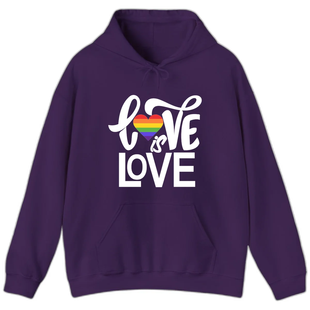 White text reading 'LOVE is LOVE' with a rainbow-striped heart in the center on gray background in Purple