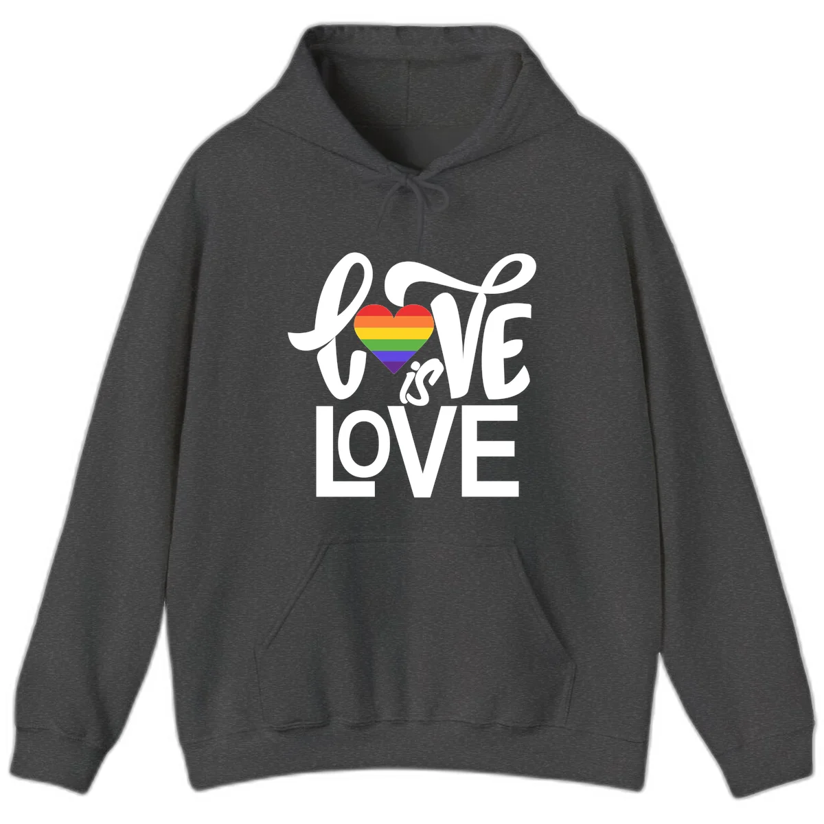 White text reading 'LOVE is LOVE' with a rainbow-striped heart in the center on gray background in Dark Heather