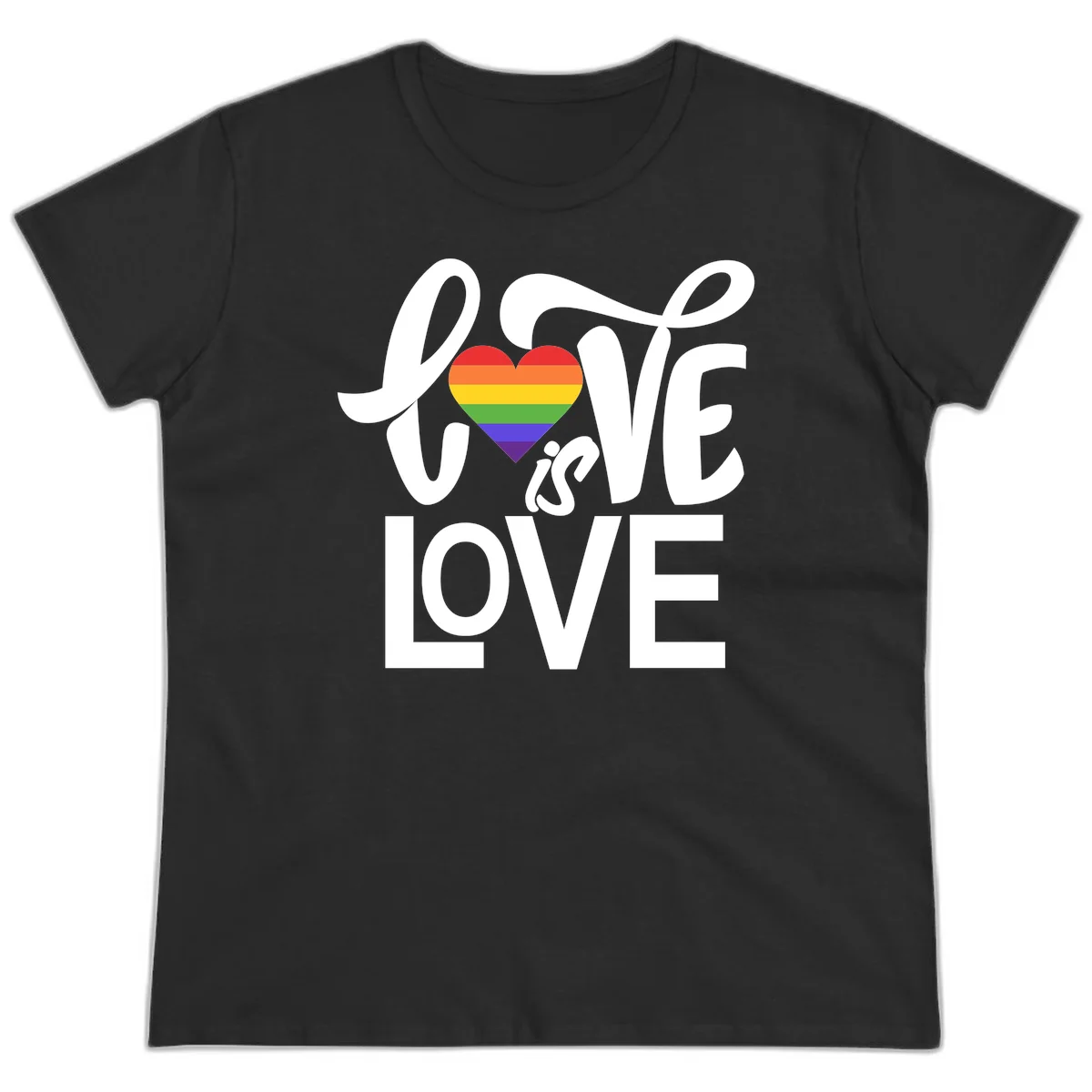 White text reading 'LOVE is LOVE' with a rainbow-striped heart in the center on gray background in Black