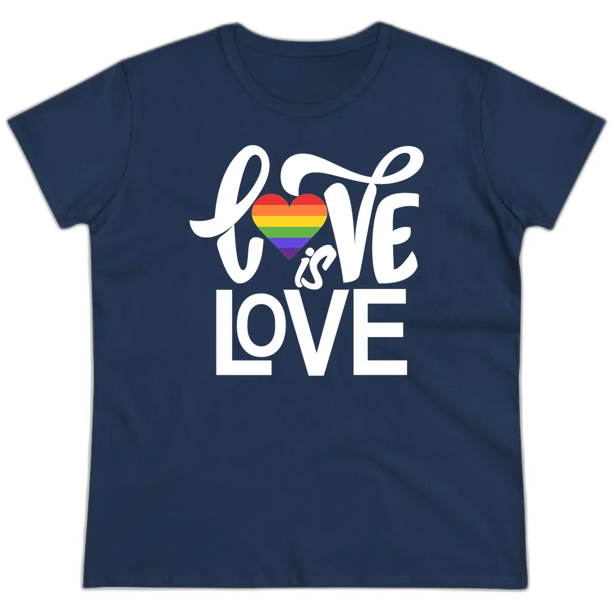 White text reading 'LOVE is LOVE' with a rainbow-striped heart in the center on gray background in Navy