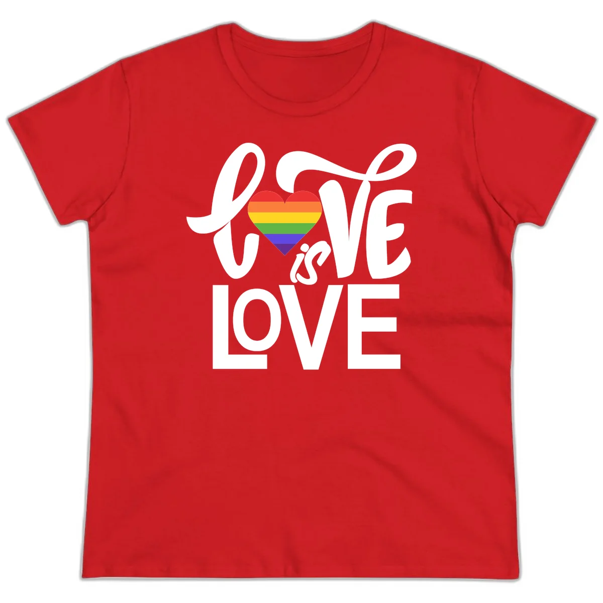White text reading 'LOVE is LOVE' with a rainbow-striped heart in the center on gray background in Red