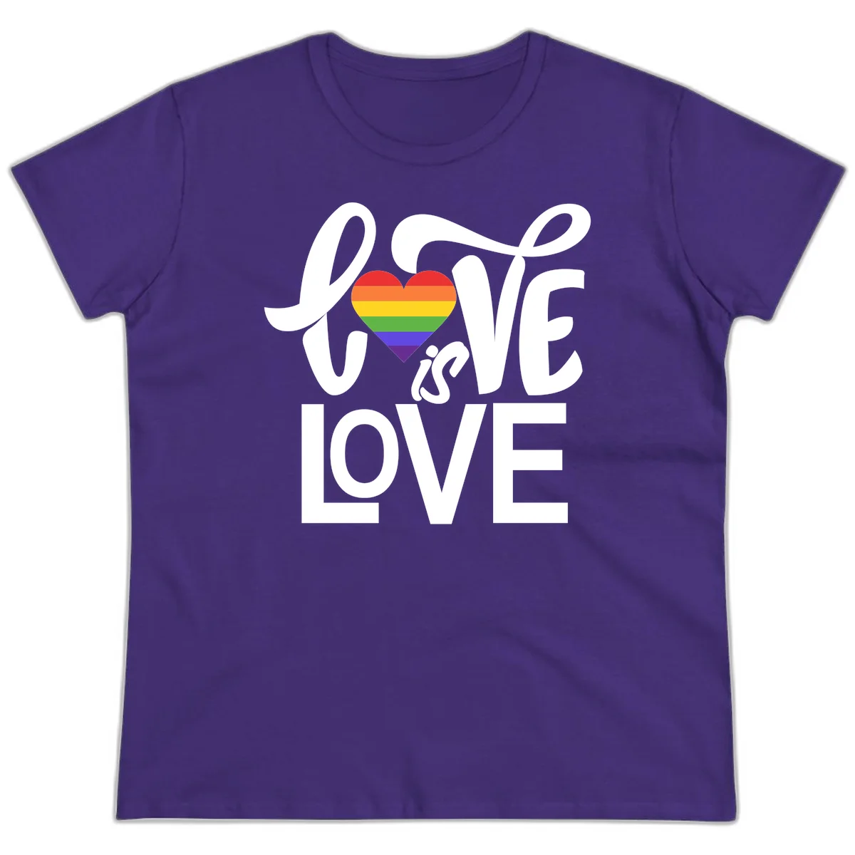 White text reading 'LOVE is LOVE' with a rainbow-striped heart in the center on gray background in Purple