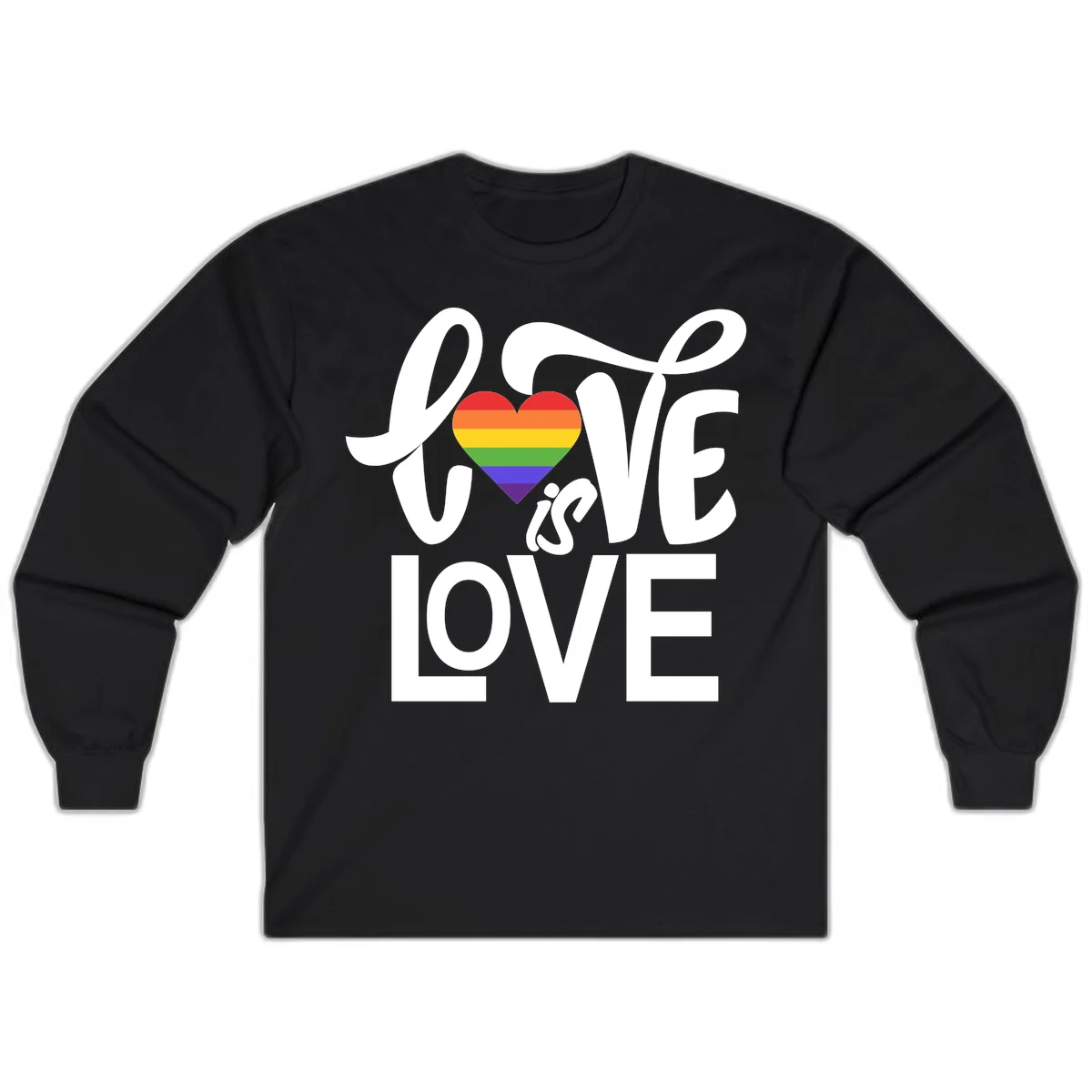 White text reading 'LOVE is LOVE' with a rainbow-striped heart in the center on gray background in Black