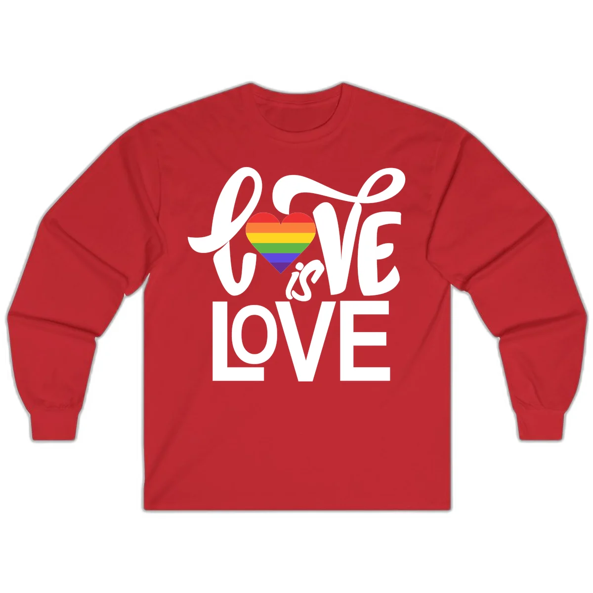 White text reading 'LOVE is LOVE' with a rainbow-striped heart in the center on gray background in Red