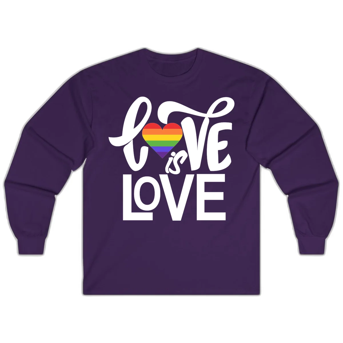 White text reading 'LOVE is LOVE' with a rainbow-striped heart in the center on gray background in Purple