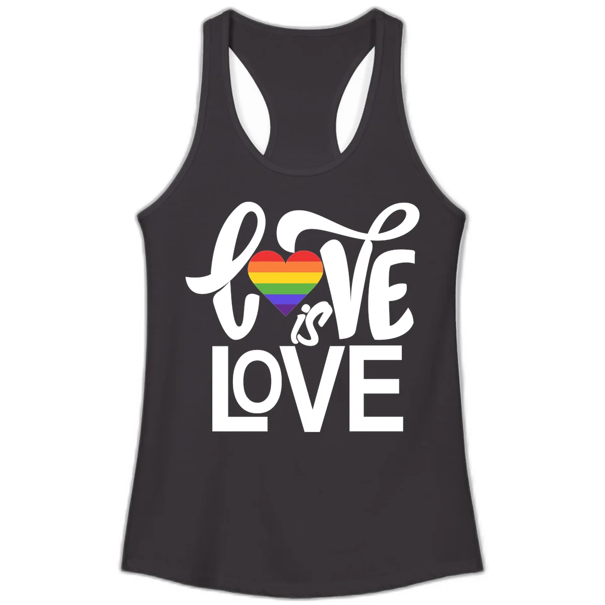 White text reading 'LOVE is LOVE' with a rainbow-striped heart in the center on gray background in Black