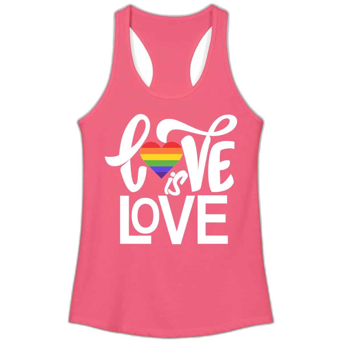 White text reading 'LOVE is LOVE' with a rainbow-striped heart in the center on gray background in Hot Pink