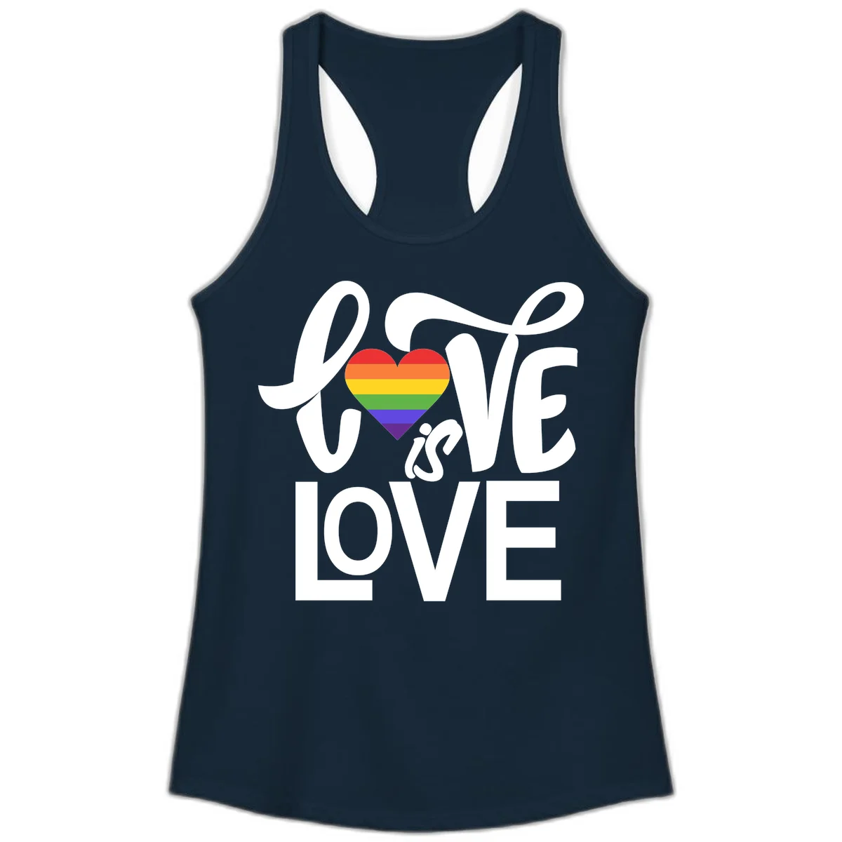 White text reading 'LOVE is LOVE' with a rainbow-striped heart in the center on gray background in Solid Midnight Navy