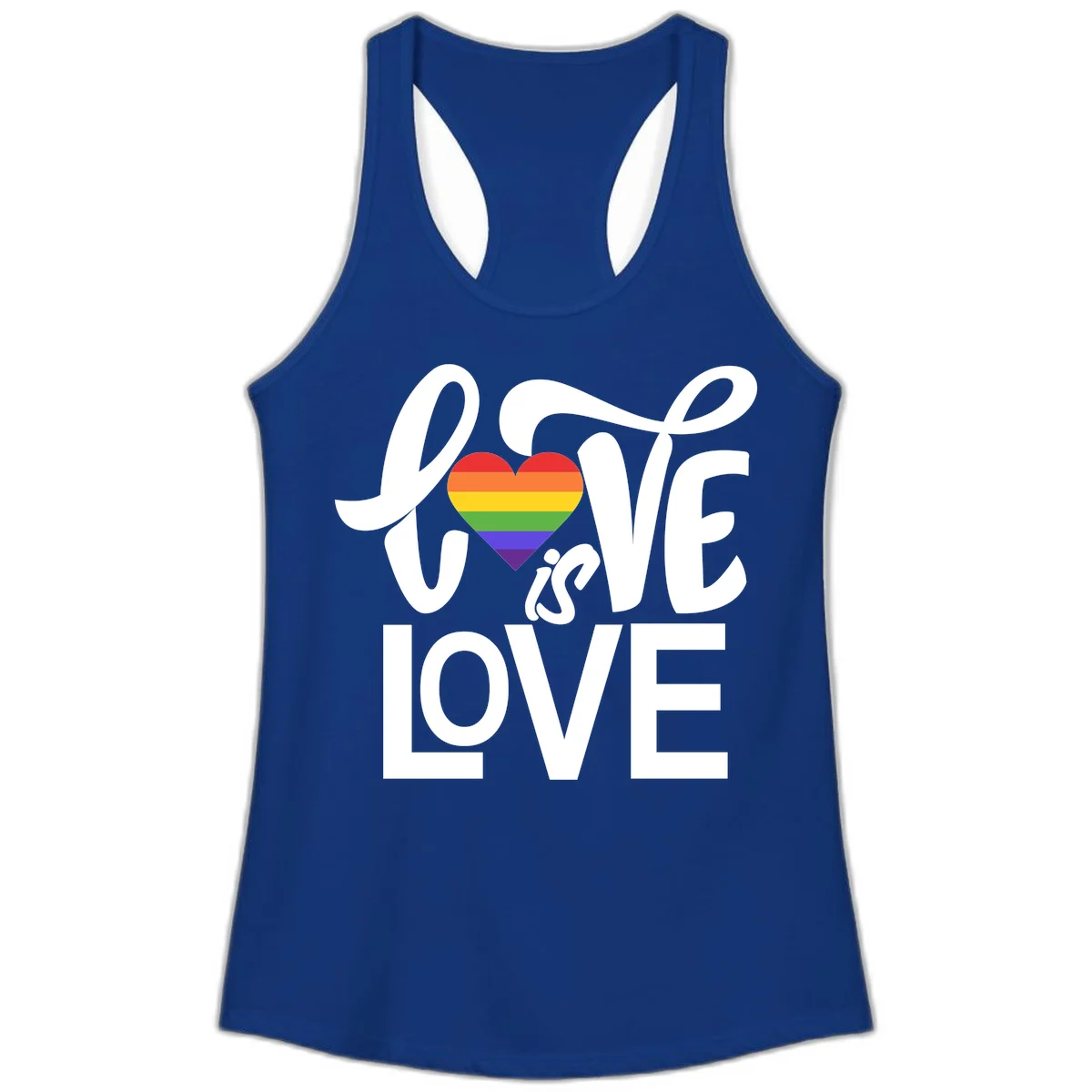 White text reading 'LOVE is LOVE' with a rainbow-striped heart in the center on gray background in Solid Royal