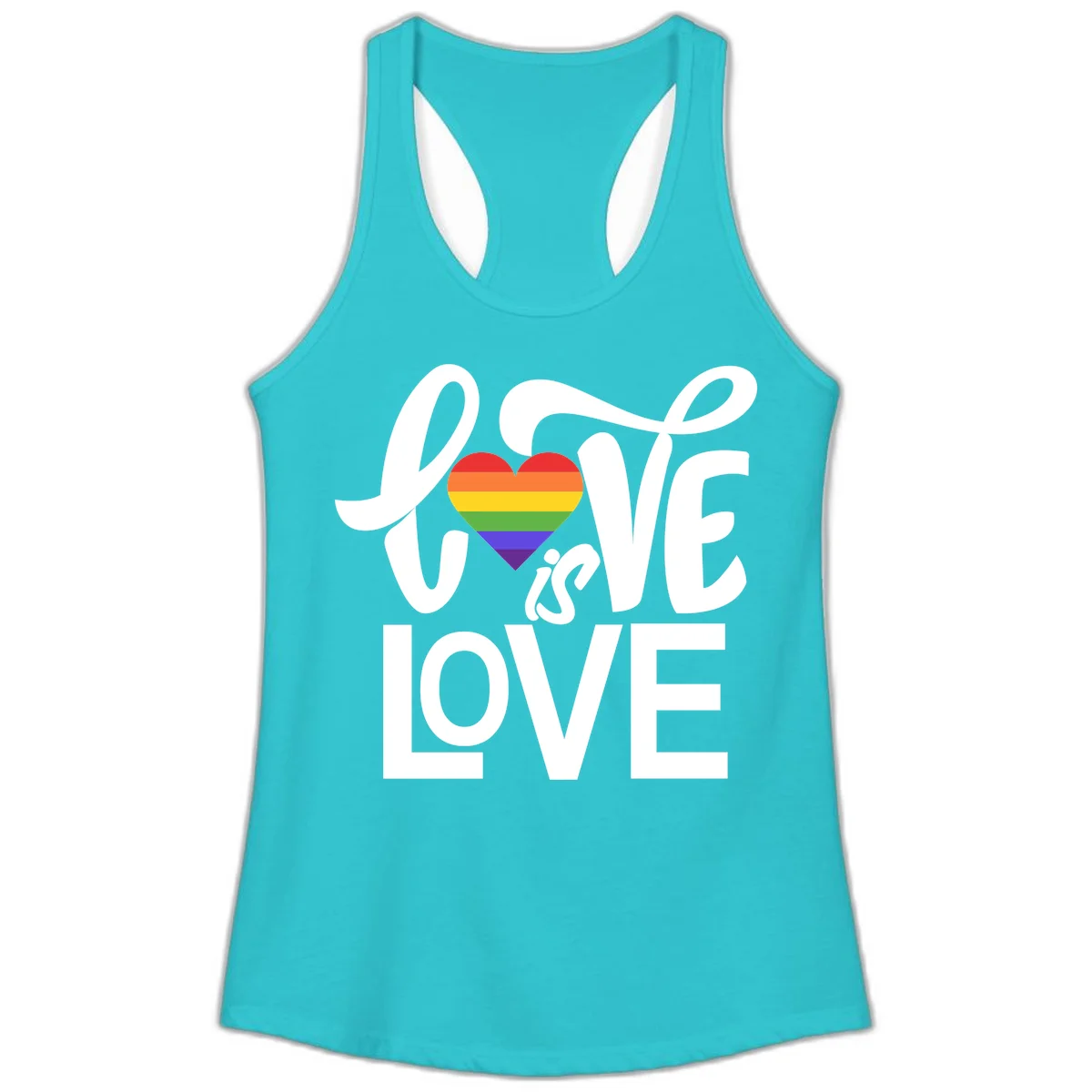 White text reading 'LOVE is LOVE' with a rainbow-striped heart in the center on gray background in Solid Tahiti Blue