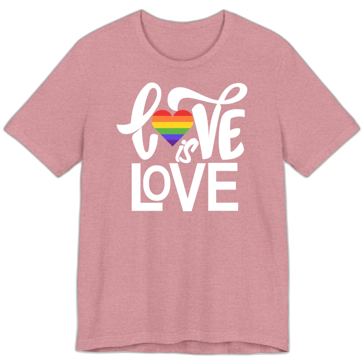 White text reading 'LOVE is LOVE' with a rainbow-striped heart in the center on gray background in Heather Orchid