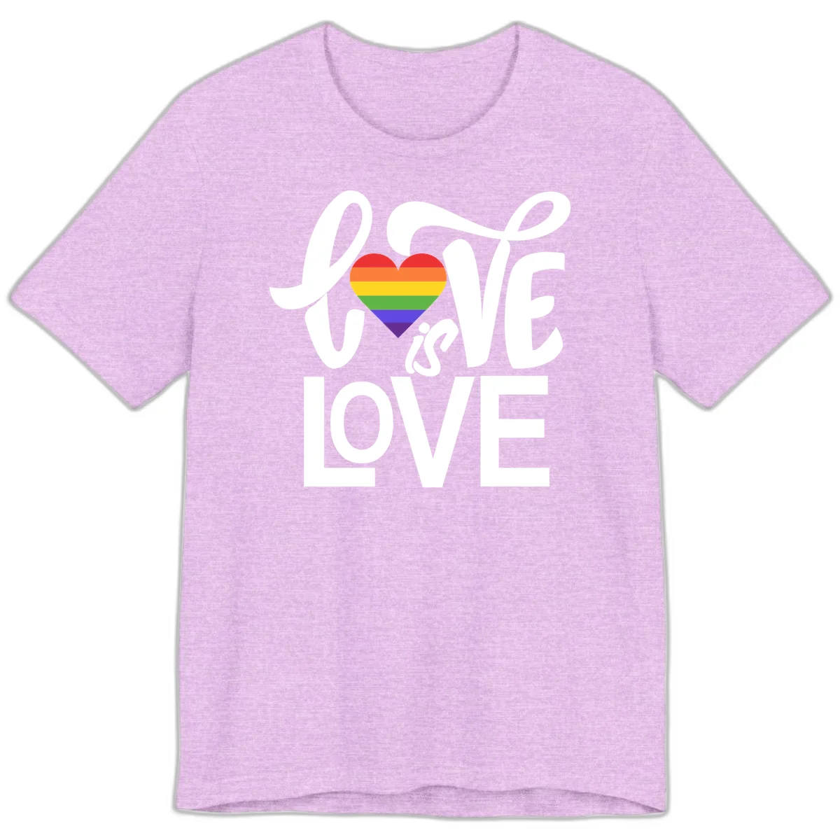 White text reading 'LOVE is LOVE' with a rainbow-striped heart in the center on gray background in Heather Prism Lilac
