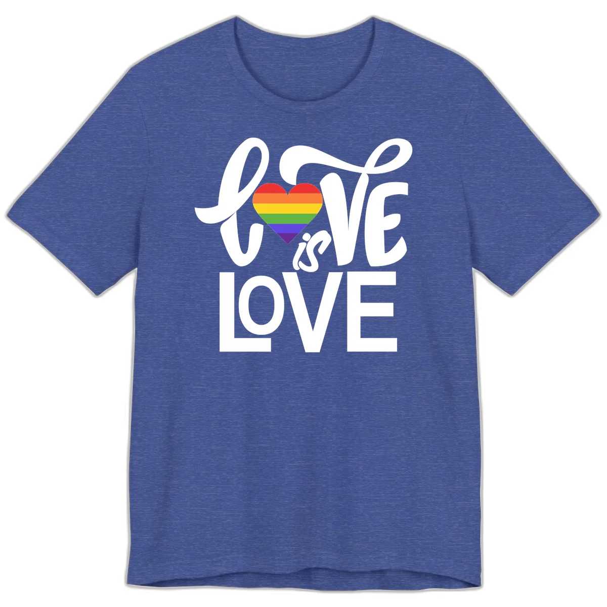 White text reading 'LOVE is LOVE' with a rainbow-striped heart in the center on gray background in Heather True Royal