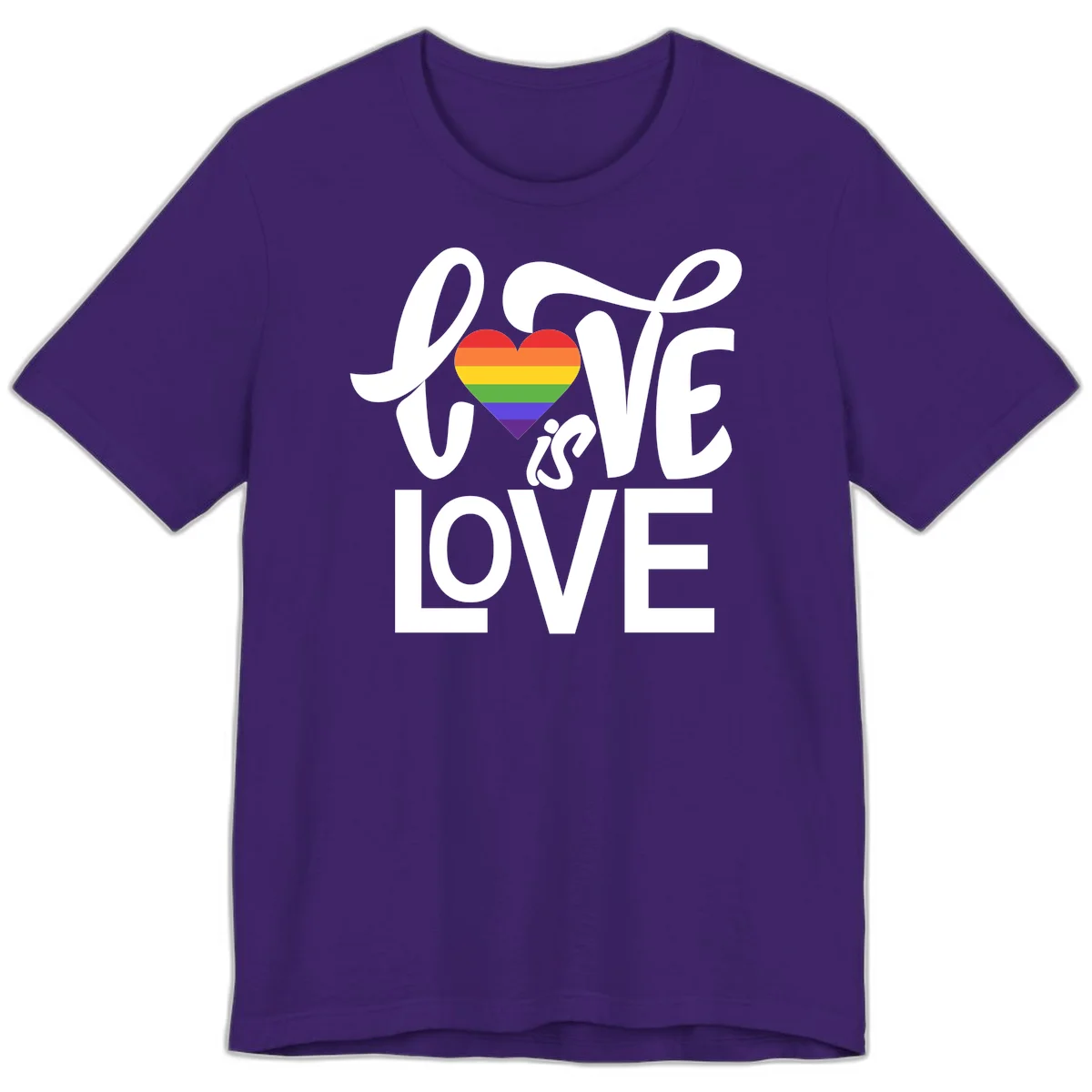 White text reading 'LOVE is LOVE' with a rainbow-striped heart in the center on gray background in Team Purple