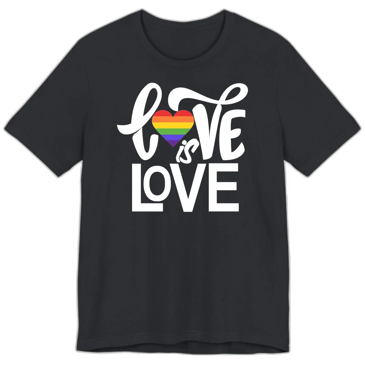 White text reading 'LOVE is LOVE' with a rainbow-striped heart in the center on gray background in Vintage Black