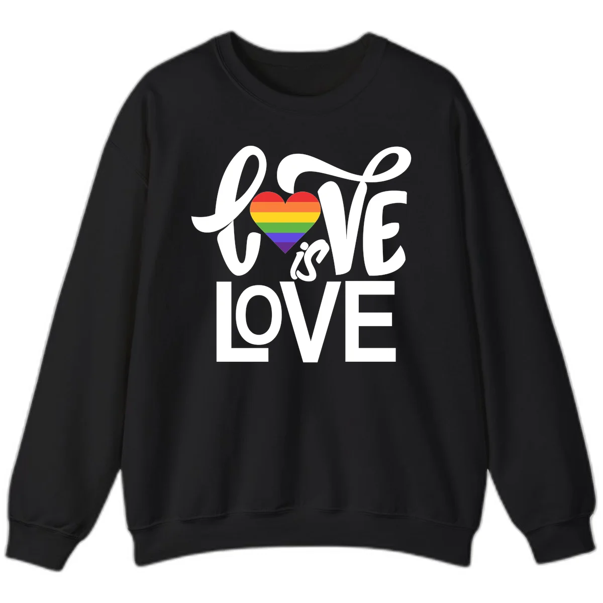 White text reading 'LOVE is LOVE' with a rainbow-striped heart in the center on gray background in Black