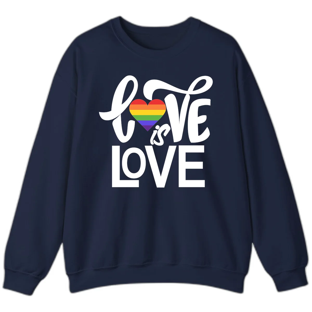 White text reading 'LOVE is LOVE' with a rainbow-striped heart in the center on gray background in Navy