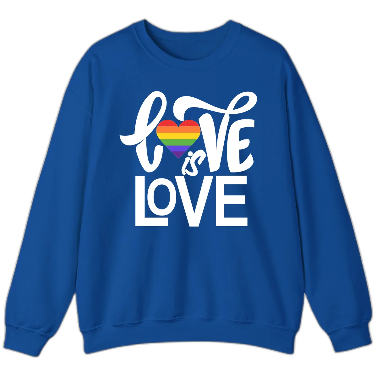 White text reading 'LOVE is LOVE' with a rainbow-striped heart in the center on gray background in Royal