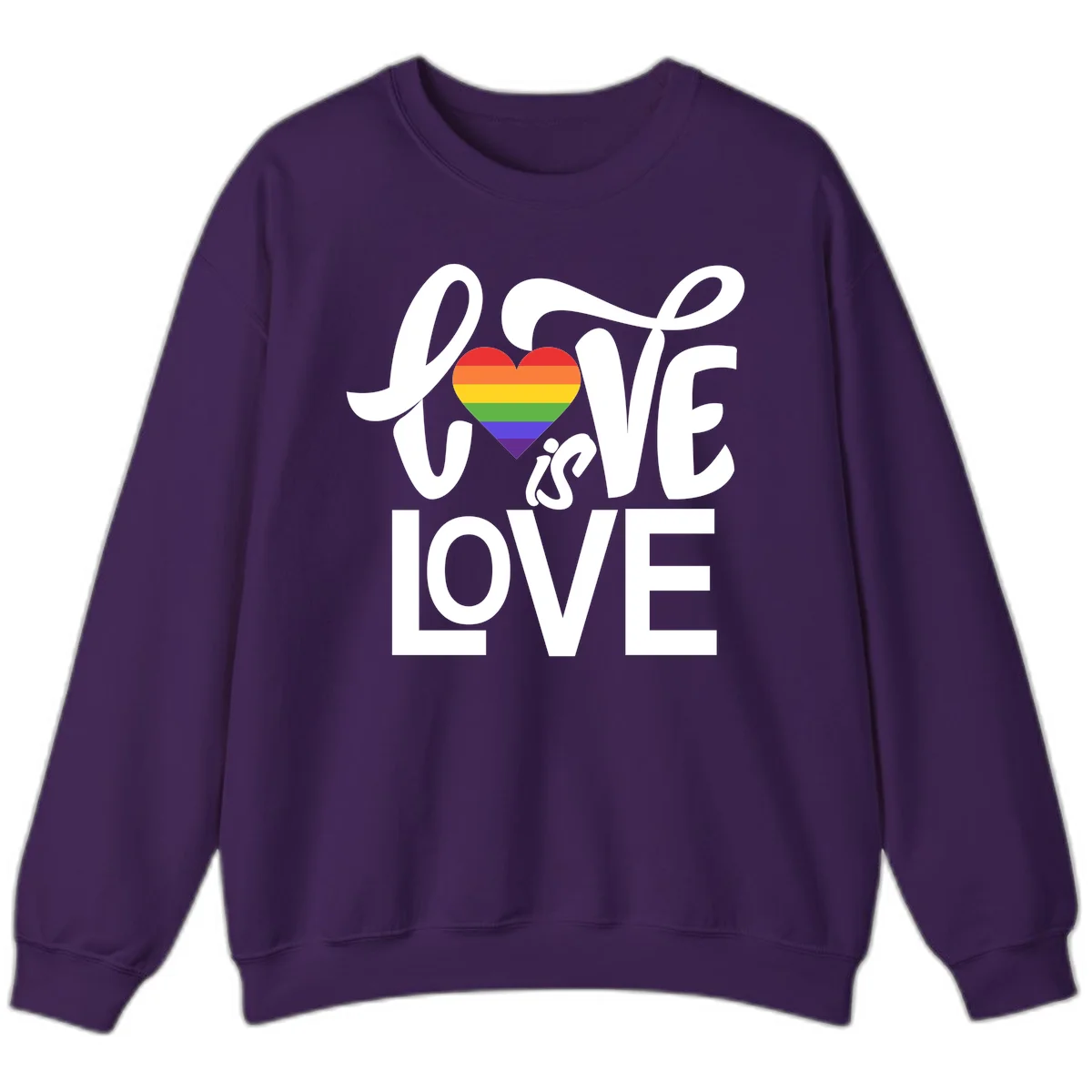 White text reading 'LOVE is LOVE' with a rainbow-striped heart in the center on gray background in Purple
