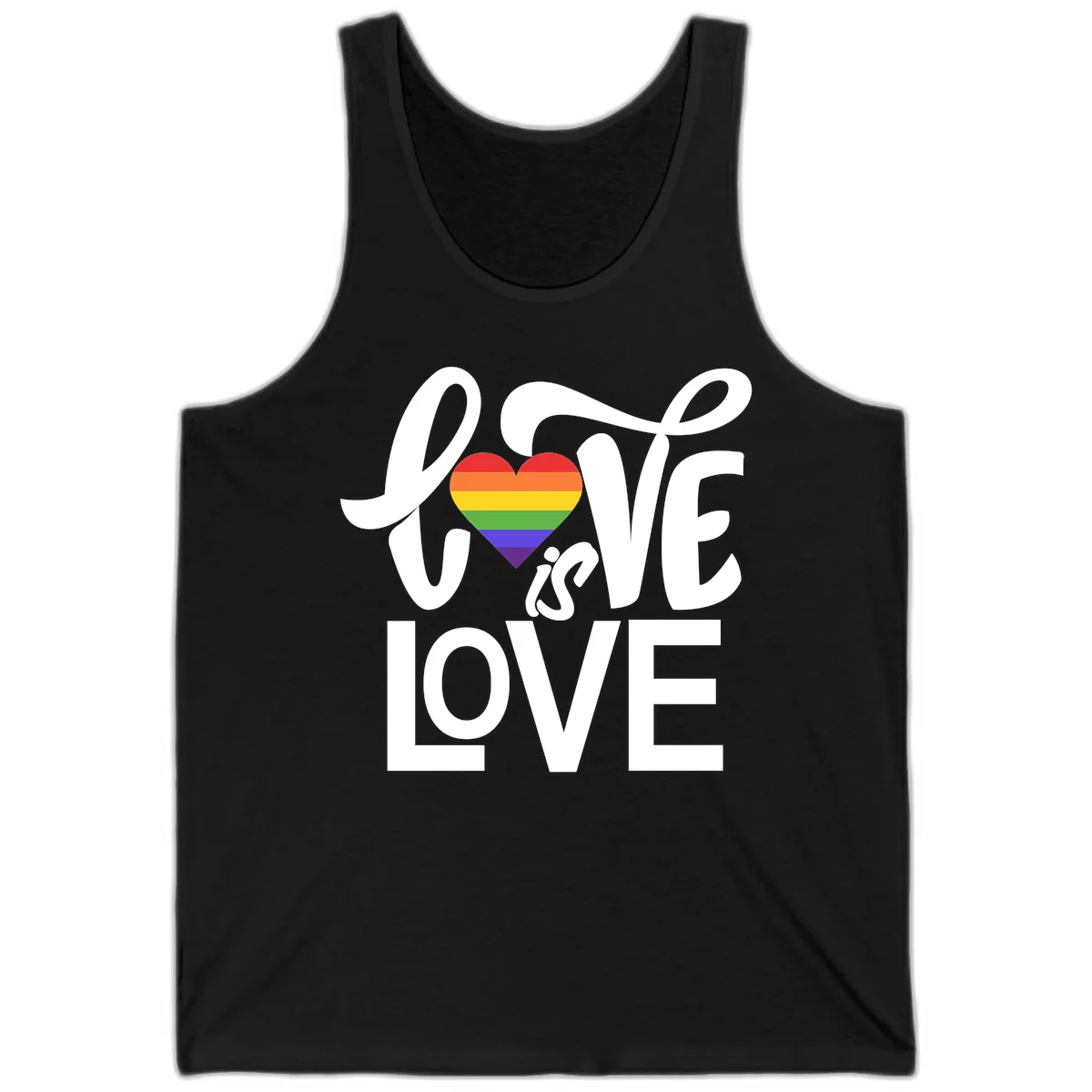 White text reading 'LOVE is LOVE' with a rainbow-striped heart in the center on gray background in Black