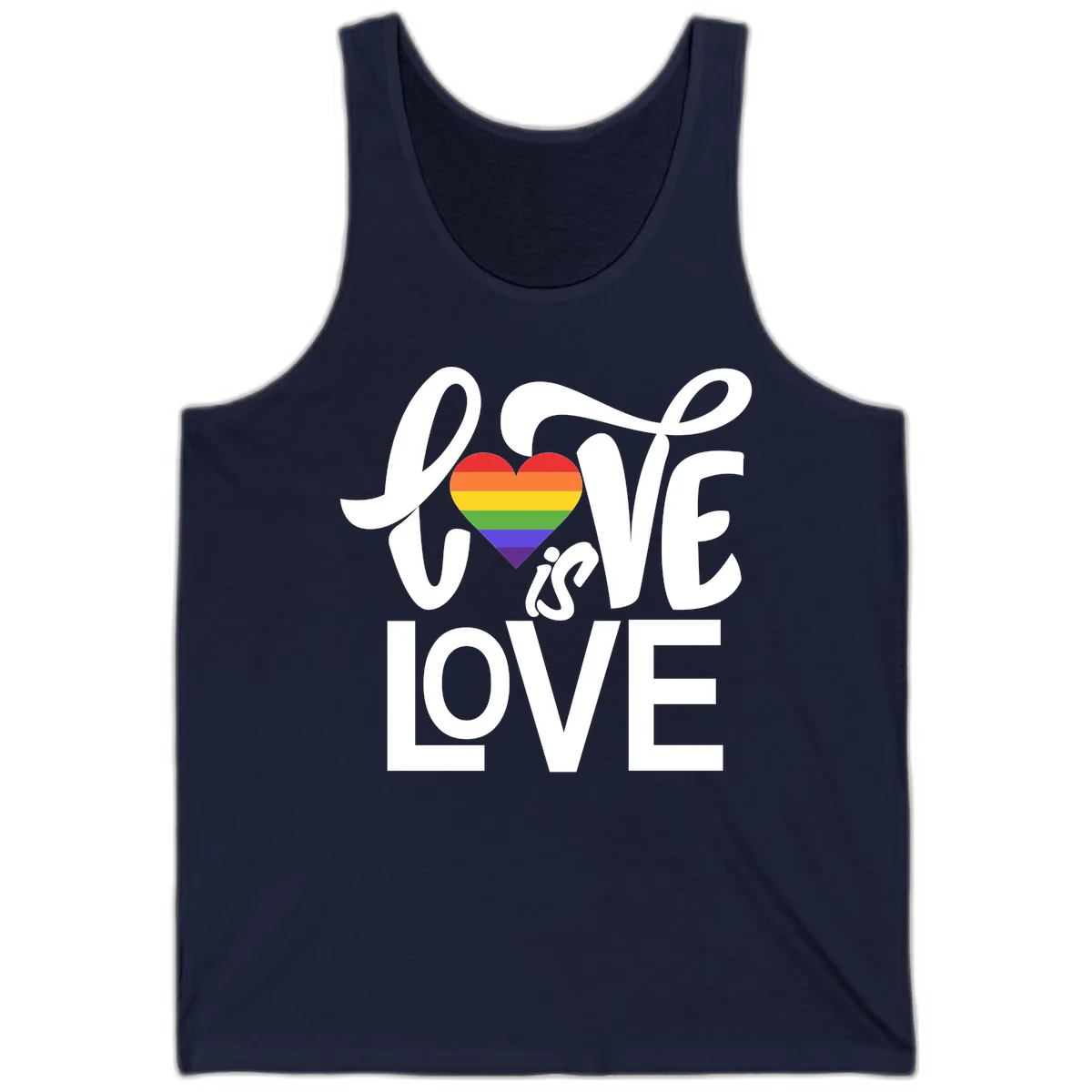 White text reading 'LOVE is LOVE' with a rainbow-striped heart in the center on gray background in Navy