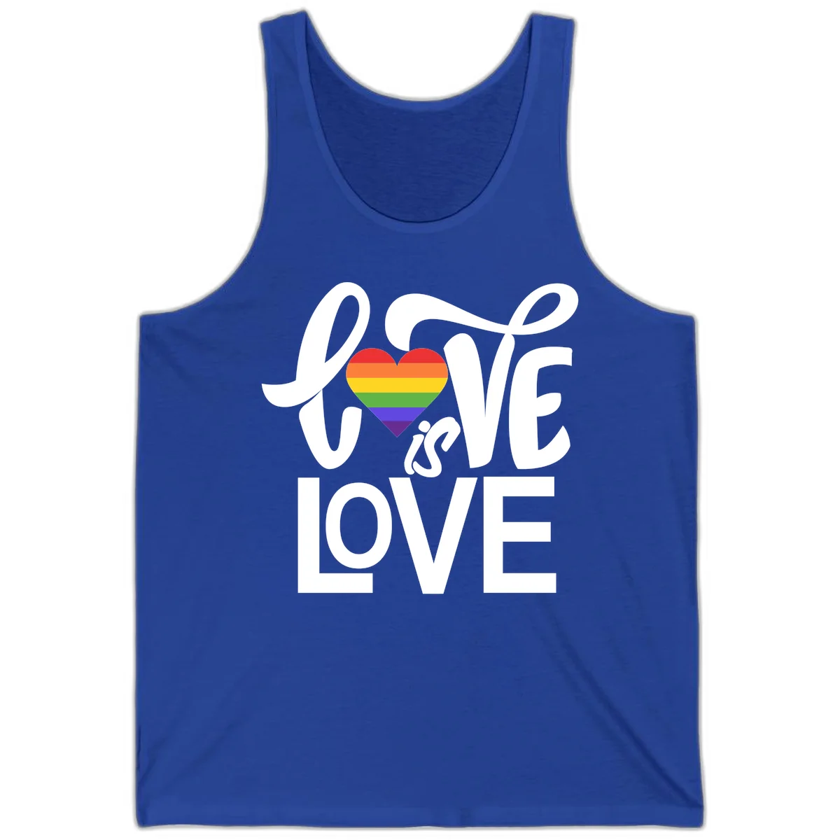 White text reading 'LOVE is LOVE' with a rainbow-striped heart in the center on gray background in True Royal