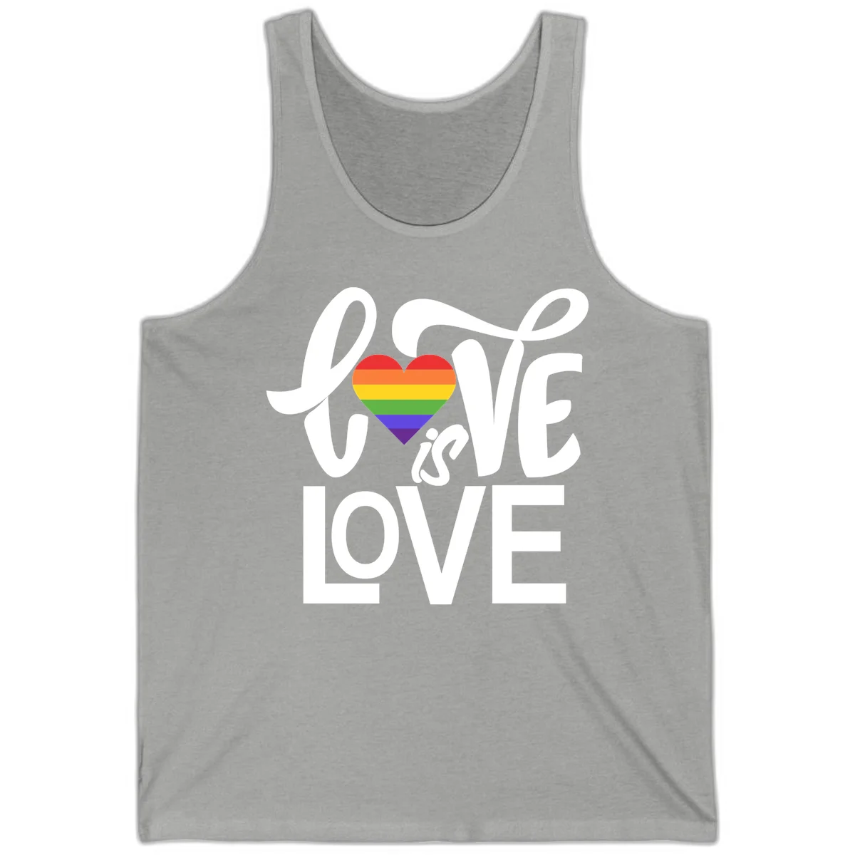 White text reading 'LOVE is LOVE' with a rainbow-striped heart in the center on gray background in Athletic Heather
