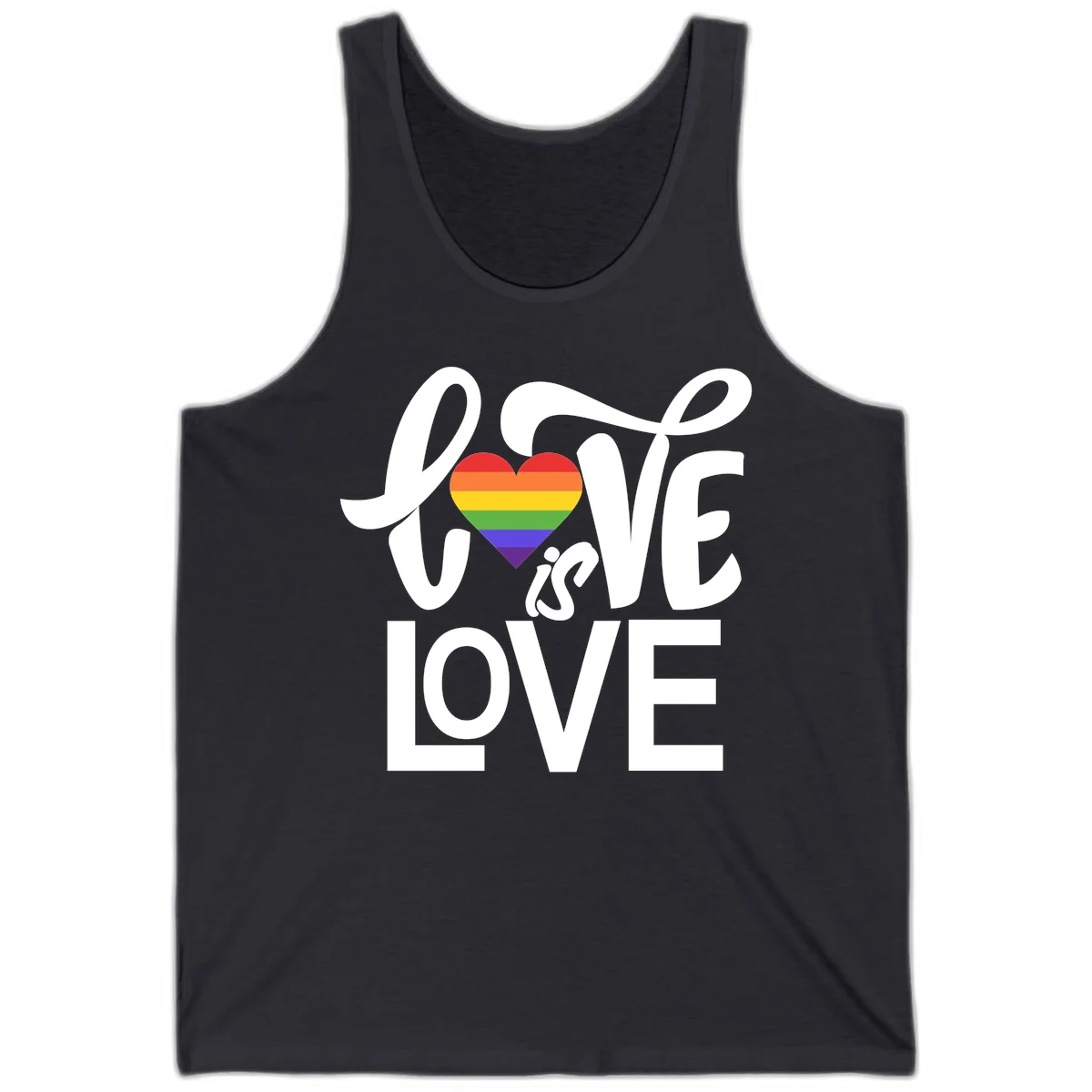 White text reading 'LOVE is LOVE' with a rainbow-striped heart in the center on gray background in Dark Grey