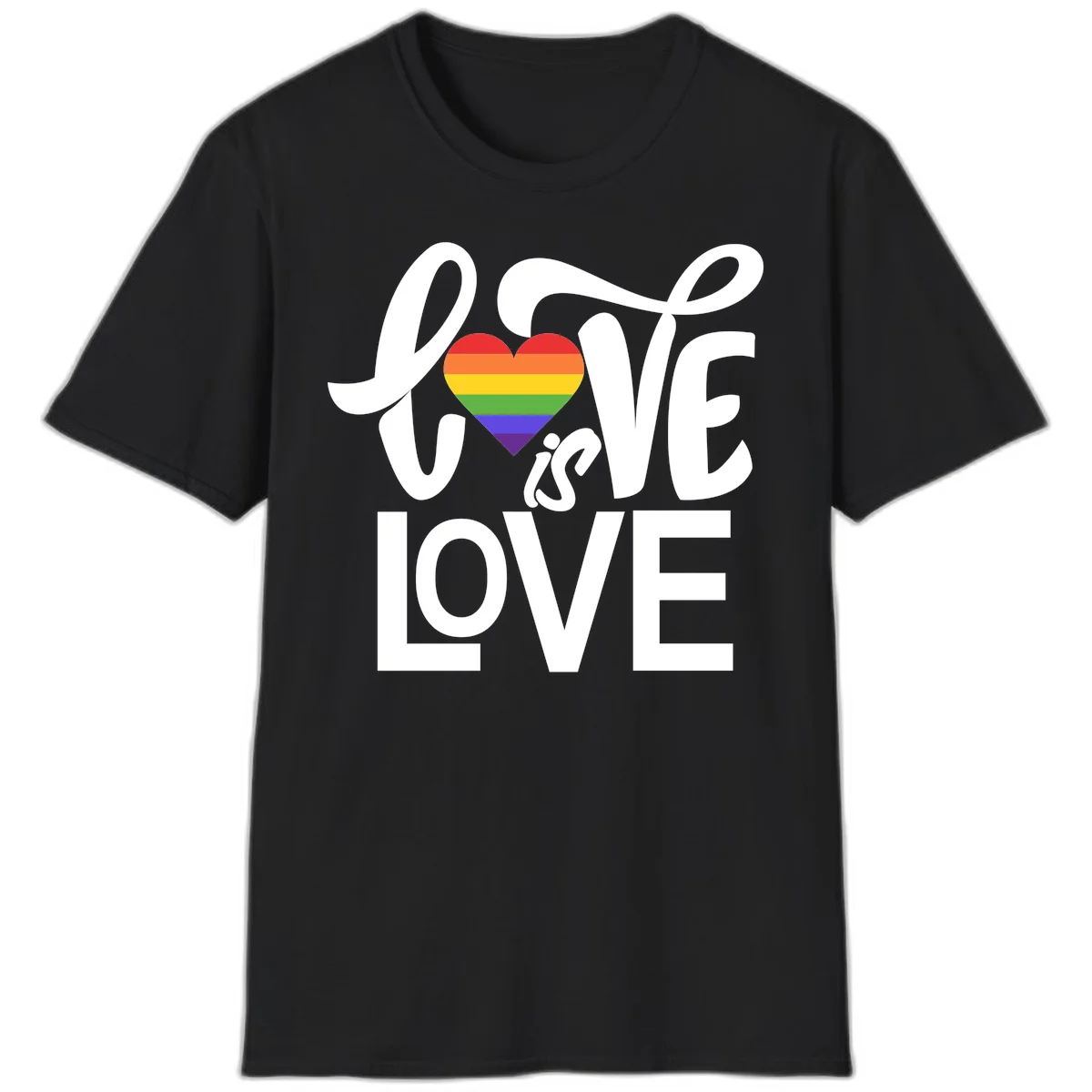 White text reading 'LOVE is LOVE' with a rainbow-striped heart in the center on gray background in Black