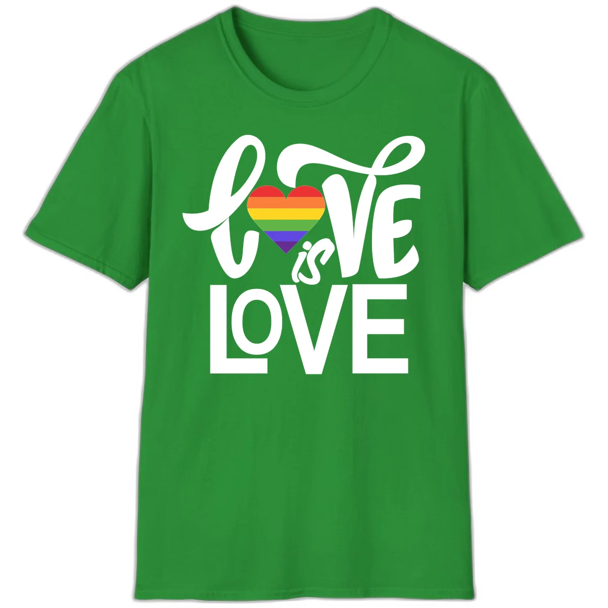 White text reading 'LOVE is LOVE' with a rainbow-striped heart in the center on gray background in Irish Green