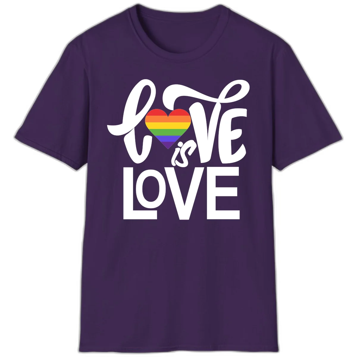 White text reading 'LOVE is LOVE' with a rainbow-striped heart in the center on gray background in Purple