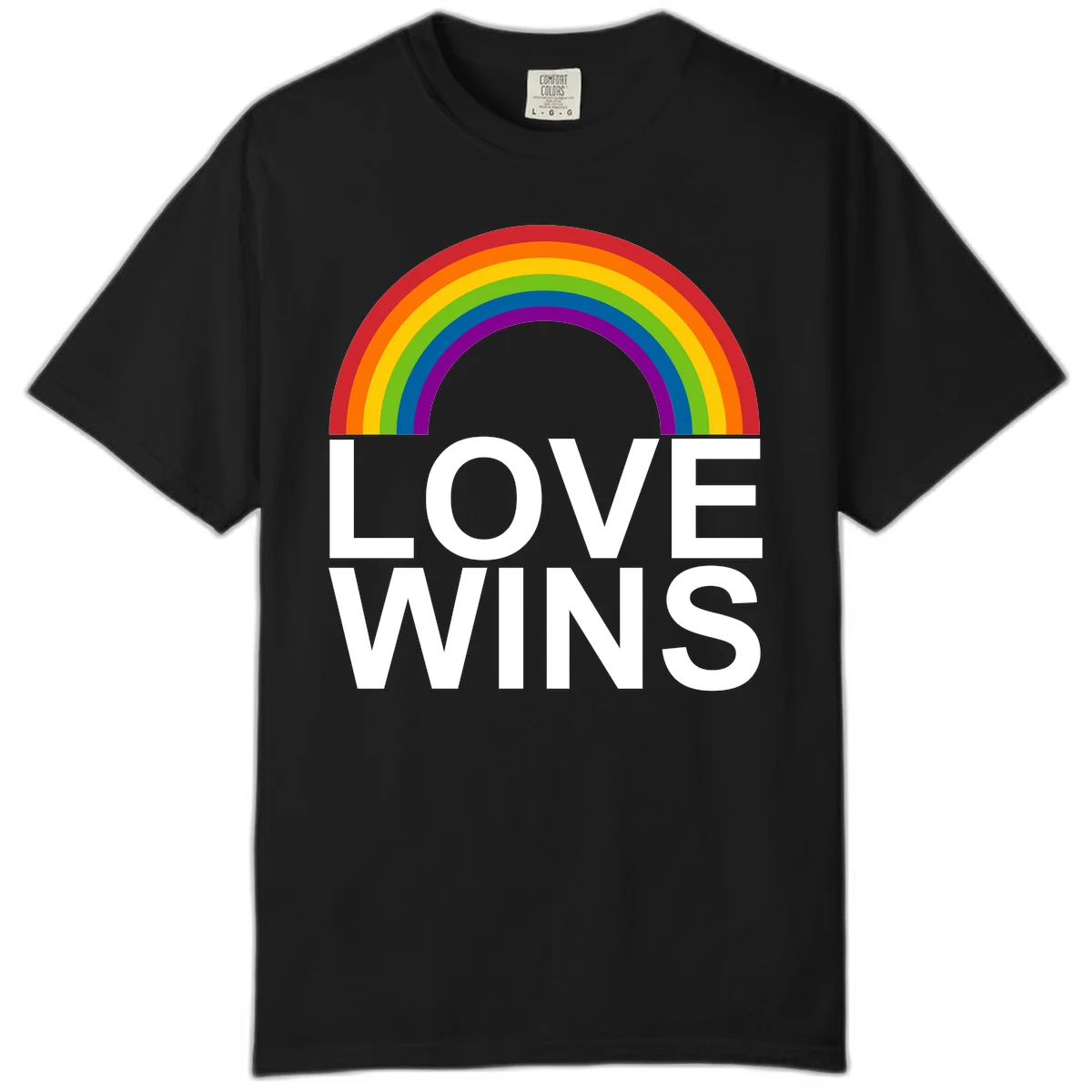 Rainbow arc above white text reading 'Love Wins' on gray background, pride equality design in Black