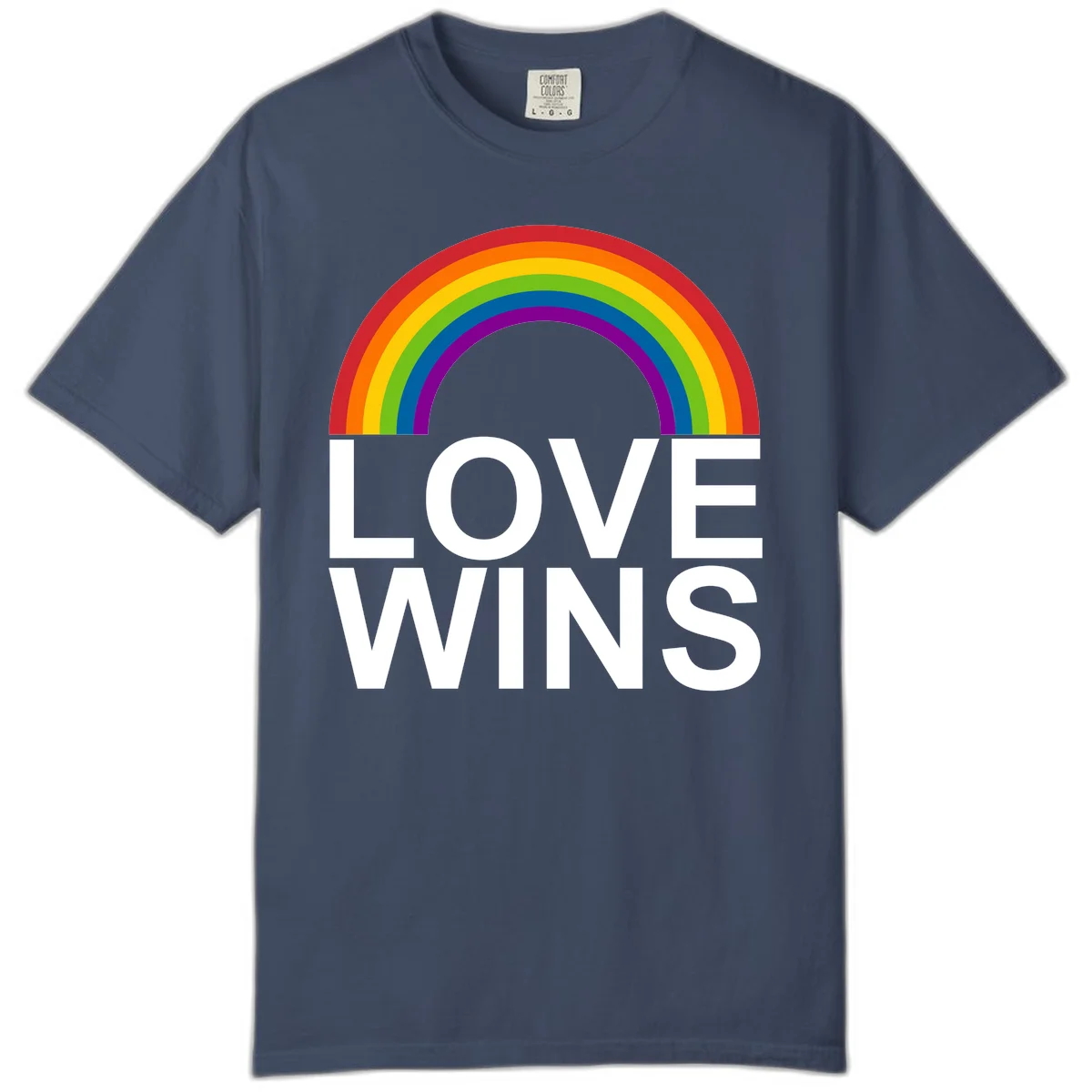 Rainbow arc above white text reading 'Love Wins' on gray background, pride equality design in Midnight