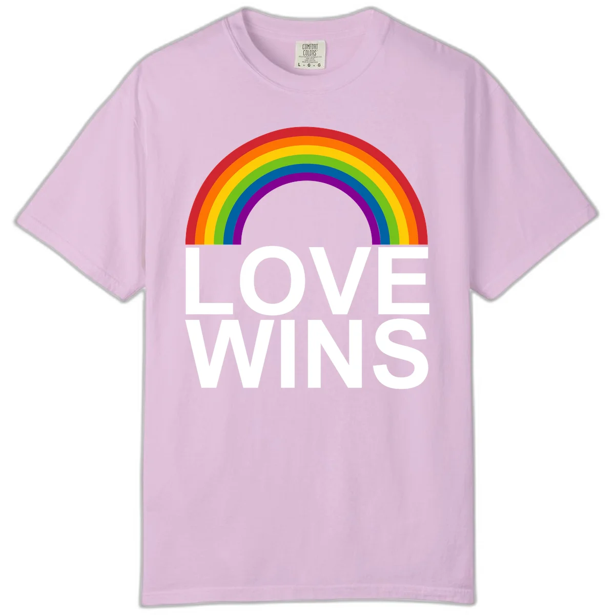 Rainbow arc above white text reading 'Love Wins' on gray background, pride equality design in Orchid