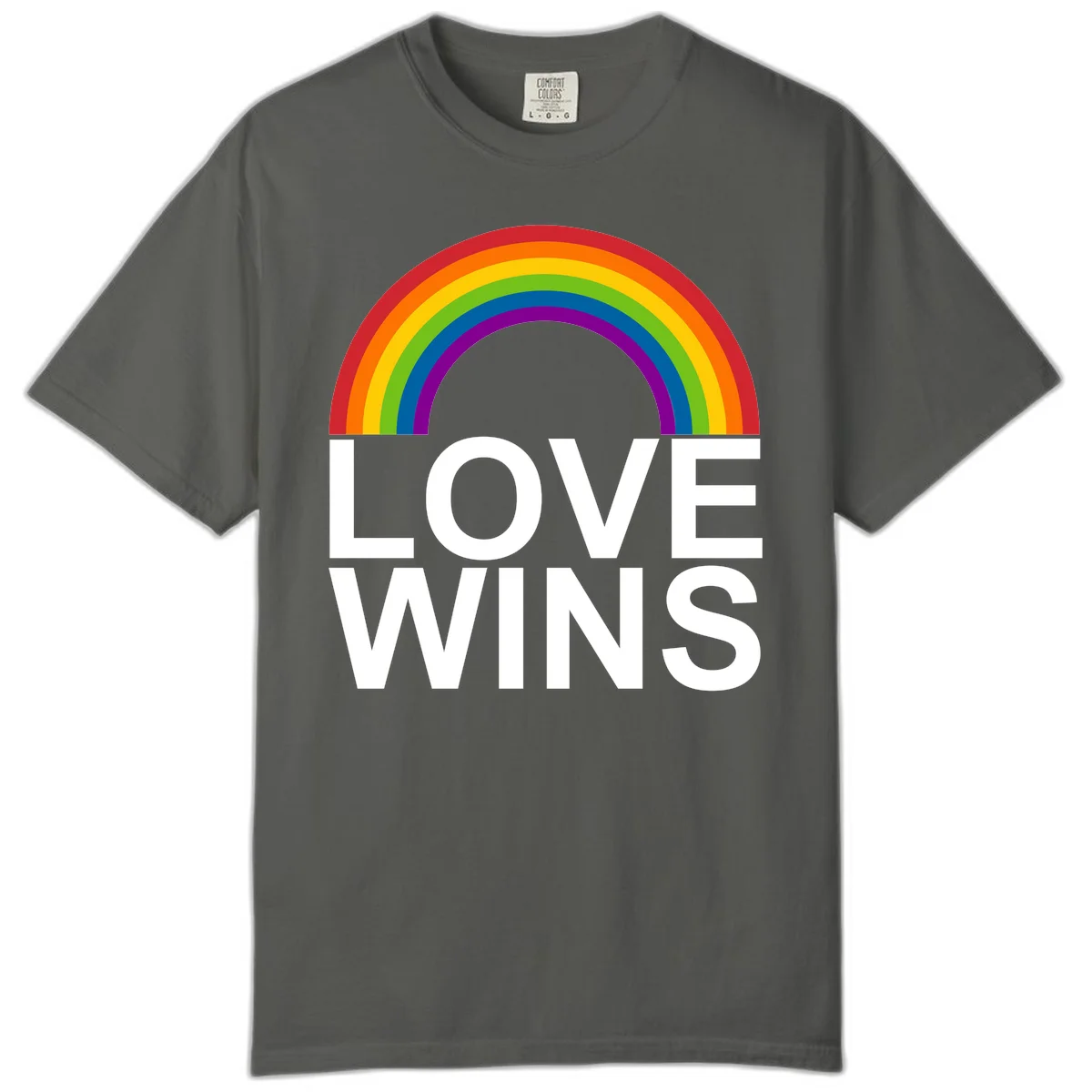 Rainbow arc above white text reading 'Love Wins' on gray background, pride equality design in Pepper