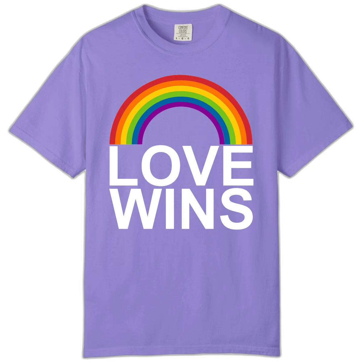 Rainbow arc above white text reading 'Love Wins' on gray background, pride equality design in Violet