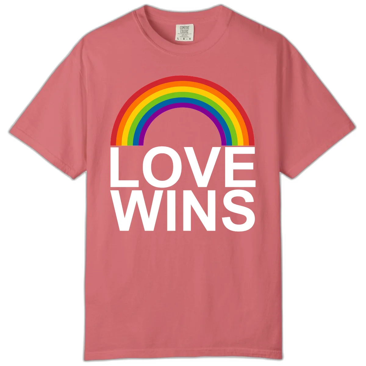 Rainbow arc above white text reading 'Love Wins' on gray background, pride equality design in Watermelon