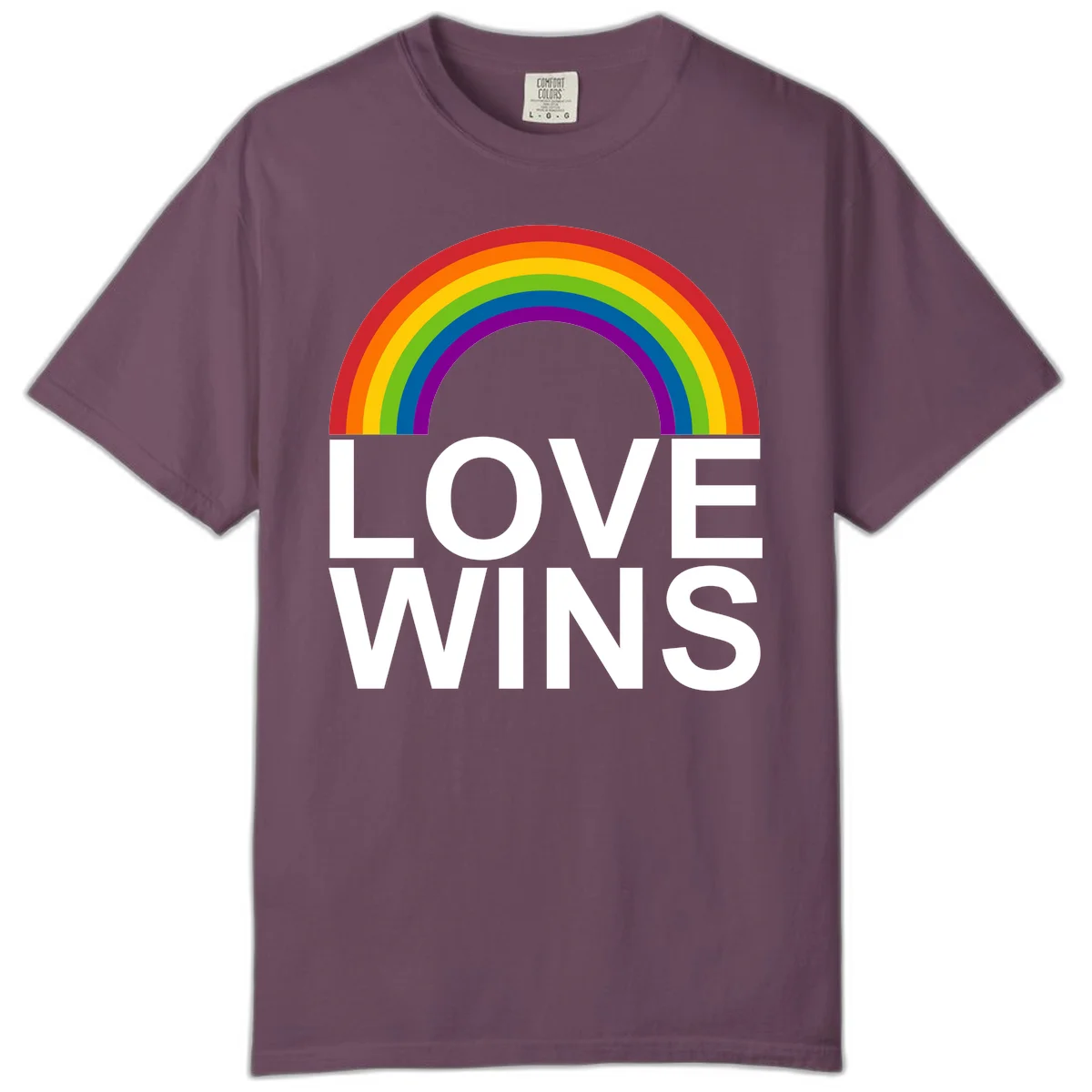 Rainbow arc above white text reading 'Love Wins' on gray background, pride equality design in Berry