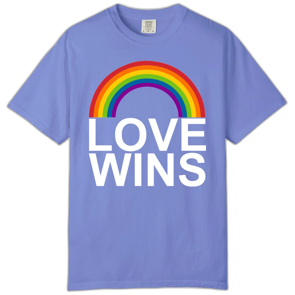 Rainbow arc above white text reading 'Love Wins' on gray background, pride equality design in Flo Blue