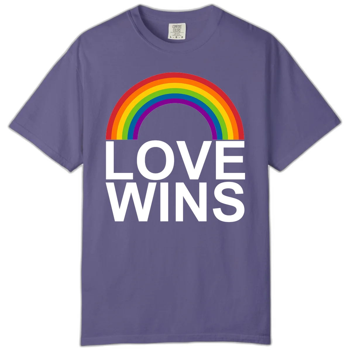 Rainbow arc above white text reading 'Love Wins' on gray background, pride equality design in Grape