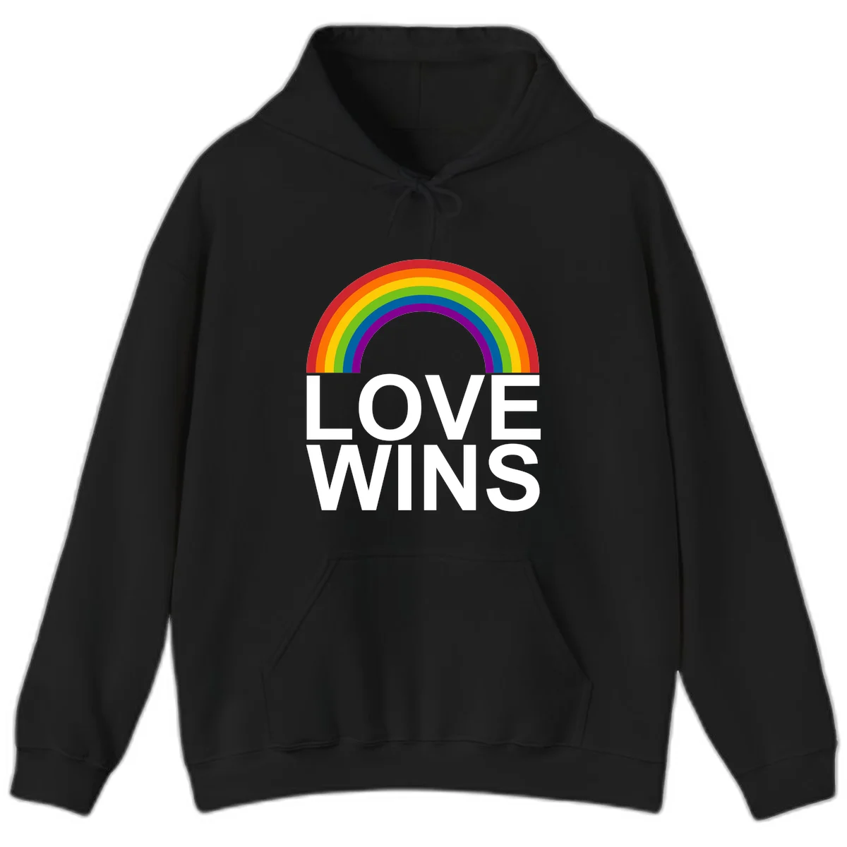 Rainbow arc above white text reading 'Love Wins' on gray background, pride equality design in Black